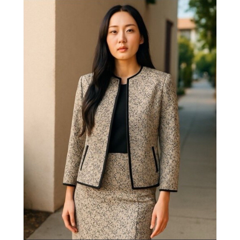 Doncaster‎ Women's Size 14 Jacket Blazer Chenille Cream/Black Pockets 3/4 Sleeve